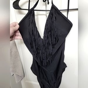Womans Black Tassle Cut Out One Piece Swimsuit size XL
